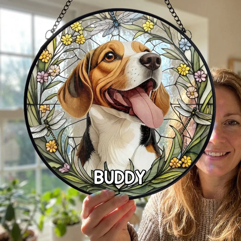 Custom Photo Forever In My Heart, Dear Friend - Memorial Personalized Custom Stained Glass Window Hanging Suncatcher - Sympathy Gift For Pet Owners, Pet Lovers