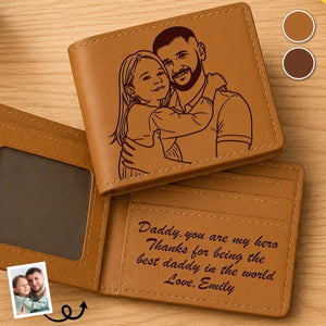 Custom Photo Engraved Bifold Leather Wallet Two Sides - Personalized Father's Day Birthday Gifts For Dad - You Are My Hero