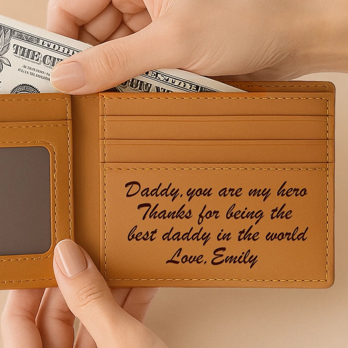 Custom Photo Engraved Bifold Leather Wallet Two Sides - Personalized Father's Day Birthday Gifts For Dad - You Are My Hero