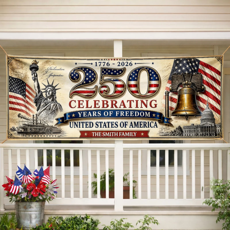 Custom Polyester Outdoor Banner - Personalized America 250th Anniversary Gifts For Mom, Dad, Brother, Sister, Kids - United Through Every Generation