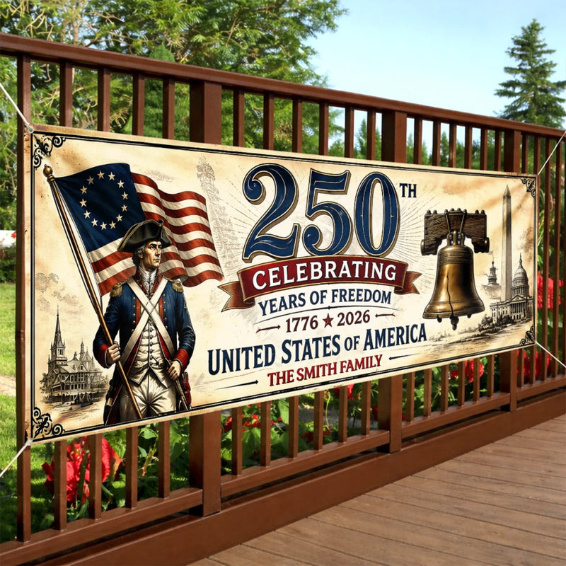 Custom Polyester Outdoor Banner - Personalized America 250th Anniversary Gifts For Mom, Dad, Brother, Sister, Kids - Proud Hearts Since The Beginning
