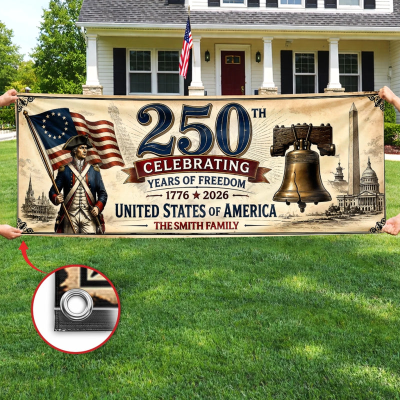 Custom Polyester Outdoor Banner - Personalized America 250th Anniversary Gifts For Mom, Dad, Brother, Sister, Kids - Proud Hearts Since The Beginning