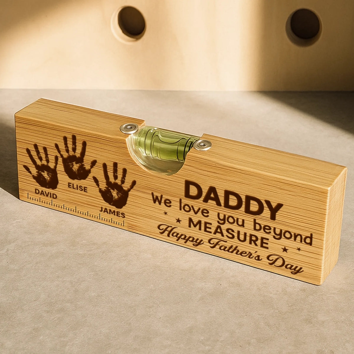 Custom Wooden Bottle Opener With Built-in Spirit Level - Personalized Father's Day Birthday Gifts For Dad, Grandpa - Dad’s Love Leads The Way