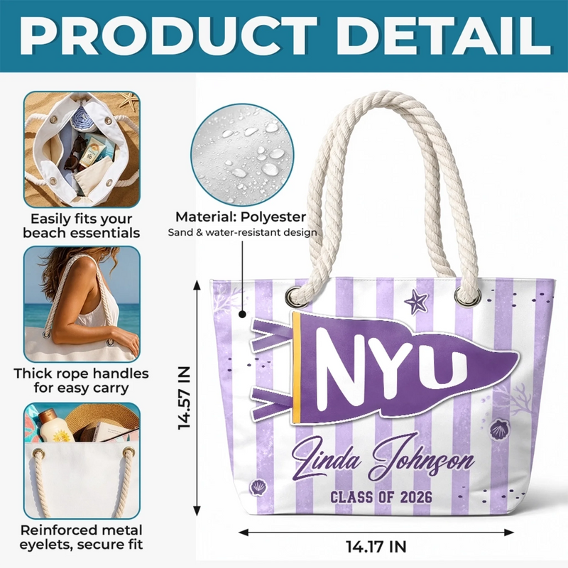 Custom Beach Bag - Personalized Summer Vacation And Travel, Graduation Gifts For Him, Her - Poolside Campus Pride