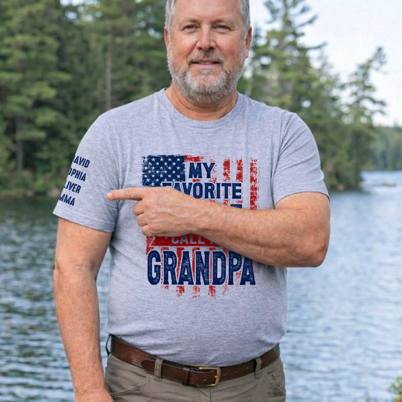 Custom Unisex T-Shirt With Design On Sleeve - Personalized Father's Day Birthday Gifts For Dad, Grandpa - My Favorite People Call Me Family