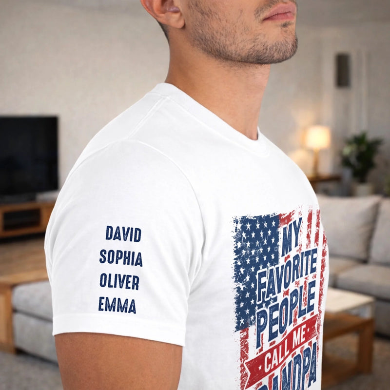 Custom Unisex T-Shirt With Design On Sleeve - Personalized Father's Day Birthday Gifts For Dad, Grandpa - My Favorite People Call Me Family