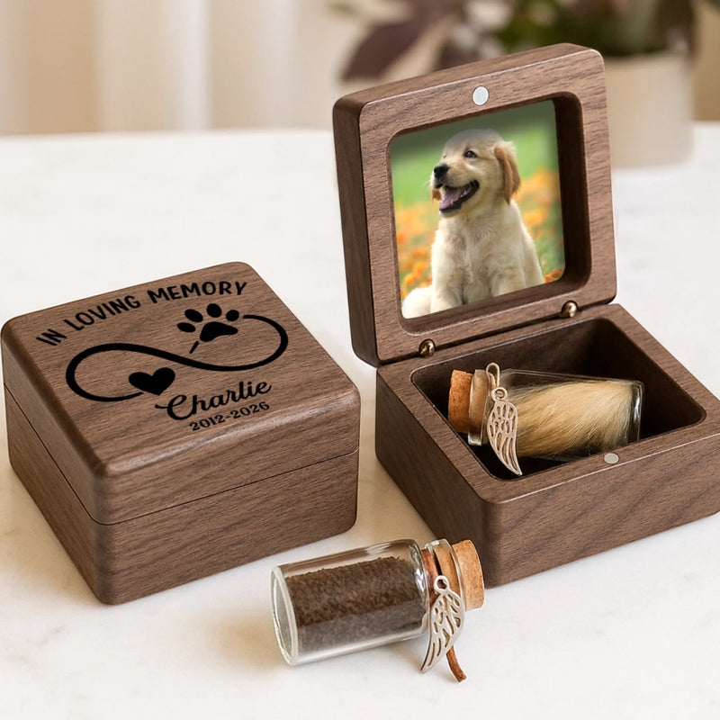 Custom Photo Wooden Pet Fur Keepsake Box - Personalized Pet Memorial Sympathy Gifts For Dogs, Cats - Love That Never Leaves You