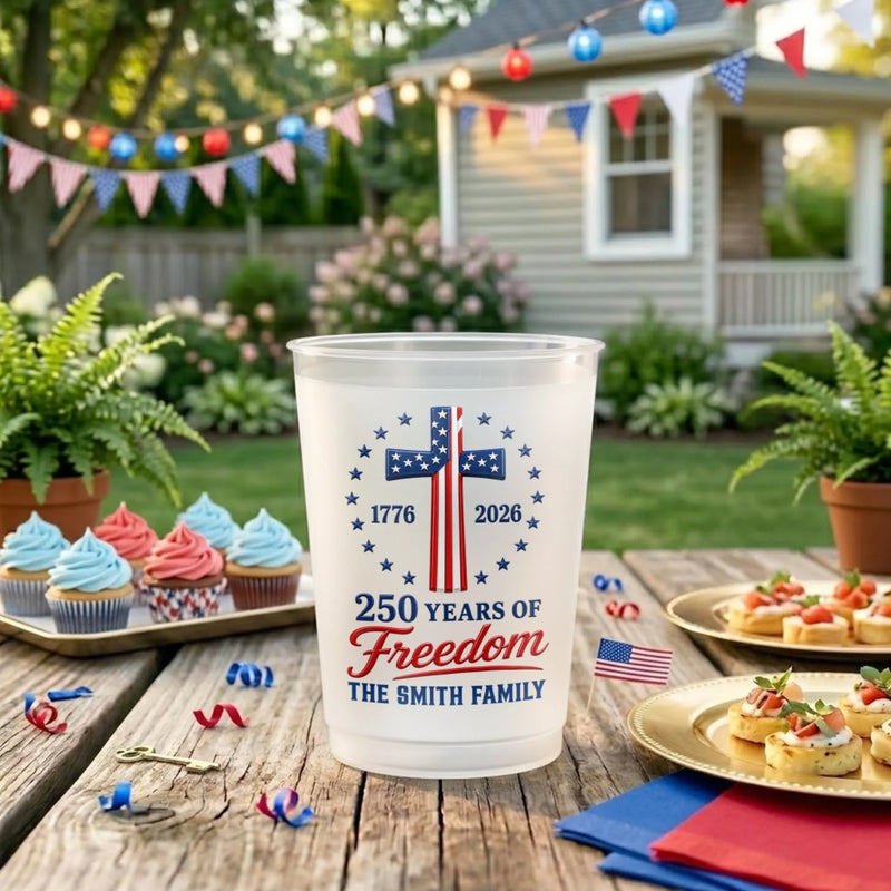 Custom Party Cups - Personalized America 250th Anniversary Gifts For Mom, Dad, Brother, Sister, Kids - Family Freedom Fiesta