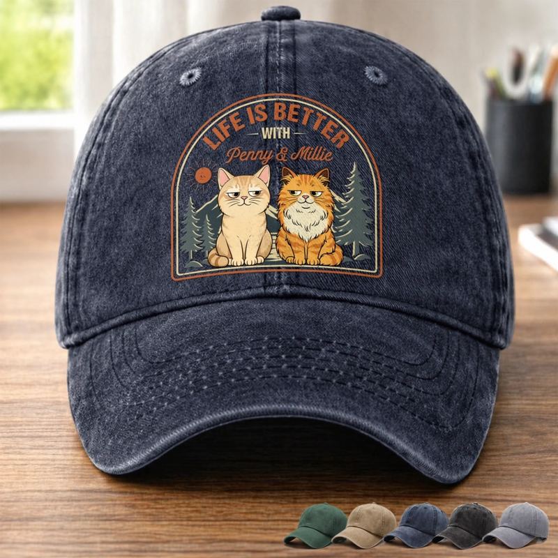 Custom Vintage Washed Denim Baseball Cap - Personalized Father's Day Gifts For Cat Lovers, Cat Mom And Dad - Living The Pawfect Life