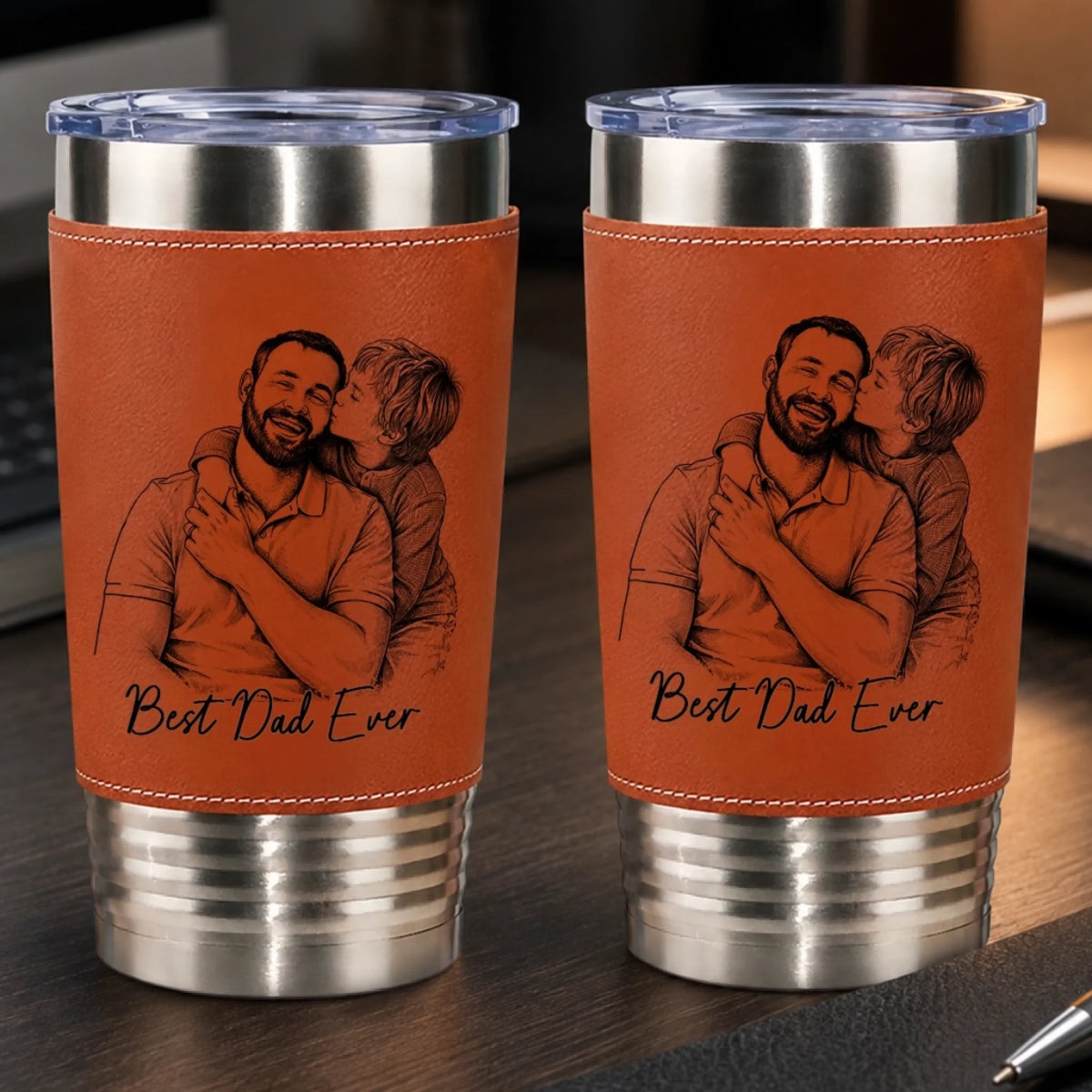 Custom Photo Printed Leather Tumbler - Personalized Father's Day Birthday Gifts For Dad, Grandpa - Faith Family Fatherhood