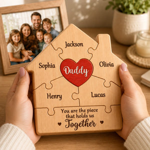 Custom Shaped Wooden Art Puzzle - Personalized Father's Day Birthday Gifts For Dad, Grandpa - Dad Is The Heart Of Our Home