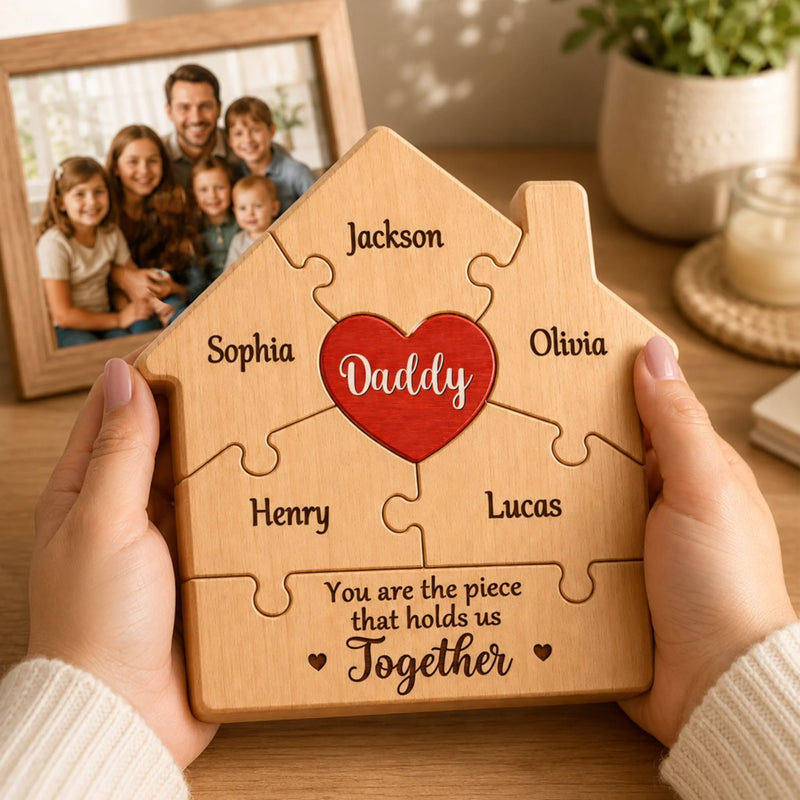 Custom Shaped Wooden Art Puzzle - Personalized Father's Day Birthday Gifts For Dad, Grandpa - Dad Is The Heart Of Our Home