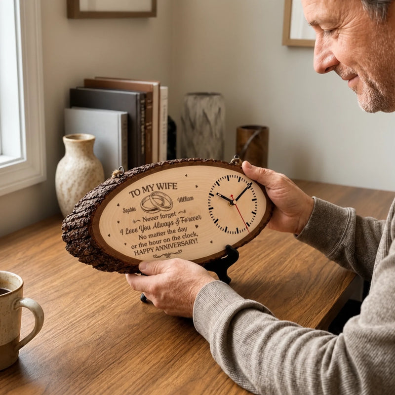 Custom Rustic Wooden Clock - Personalized Anniversary Wedding Gifts For Husband And Wife, Him And Her - Happy Anniversary, Forever Edition