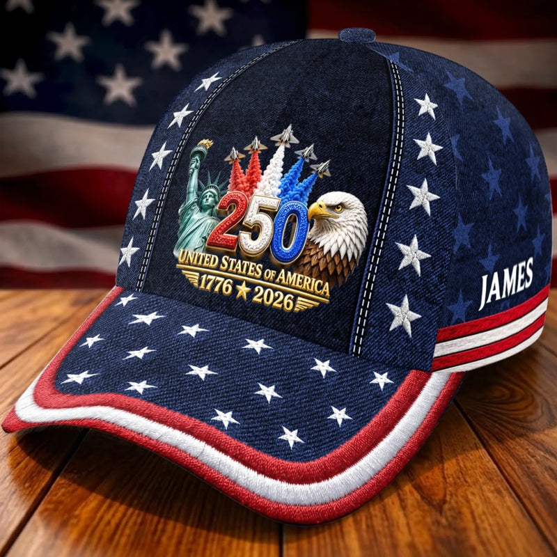 Custom Hat, All Over Print Classic Cap - Personalized America 250th Anniversary Gifts For Mom, Dad, Brother, Sister, Kids - Freedom Runs Through Generations