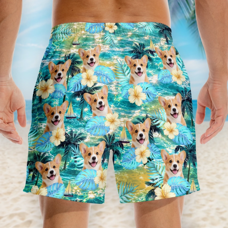 Custom Photo Tropical Hawaiian Aloha Men Beach Shorts - Personalized Summer Vacation And Travel Gifts For Dog Cat Lovers, Dog Dad And Mom, Cat Owners - Poolside Paws And Island Breeze