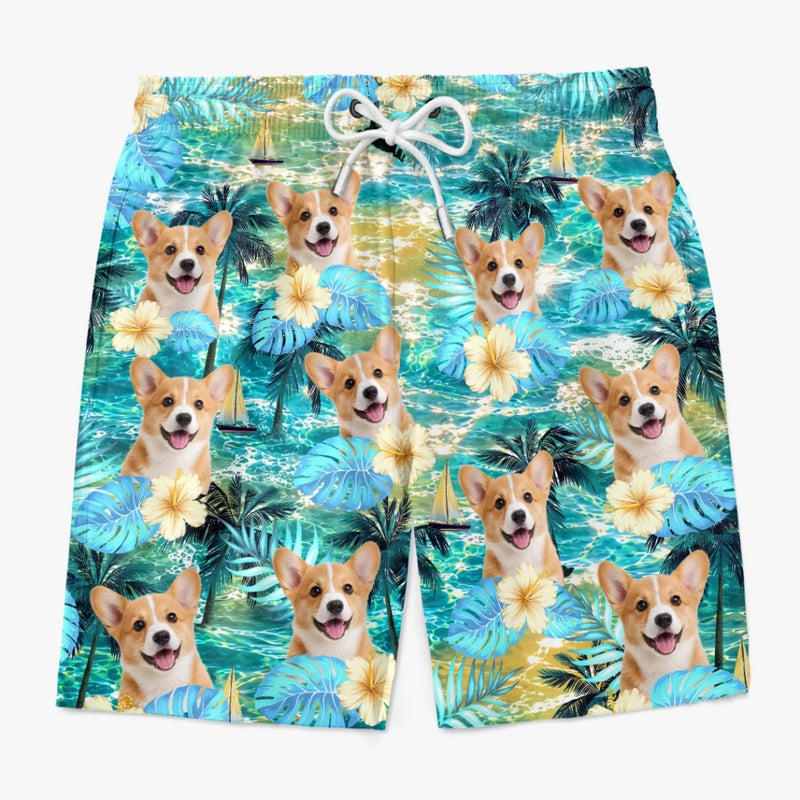 Custom Photo Tropical Hawaiian Aloha Men Beach Shorts - Personalized Summer Vacation And Travel Gifts For Dog Cat Lovers, Dog Dad And Mom, Cat Owners - Poolside Paws And Island Breeze
