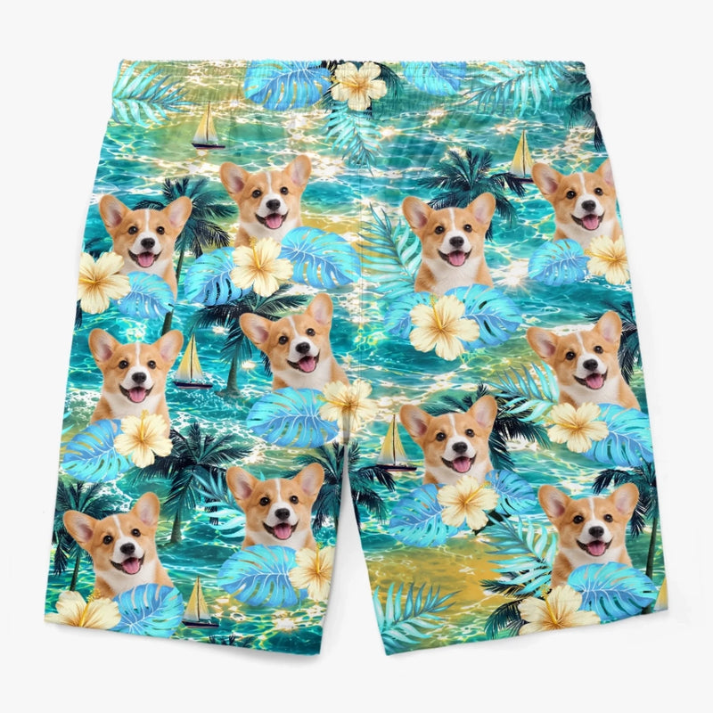 Custom Photo Tropical Hawaiian Aloha Men Beach Shorts - Personalized Summer Vacation And Travel Gifts For Dog Cat Lovers, Dog Dad And Mom, Cat Owners - Poolside Paws And Island Breeze