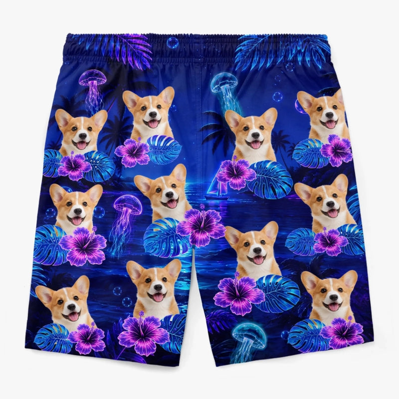 Custom Photo Tropical Hawaiian Aloha Men Beach Shorts - Personalized Summer Vacation And Travel Gifts For Dog Cat Lovers, Dog Dad And Mom, Cat Owners - Palm Trees And Tiny Paws