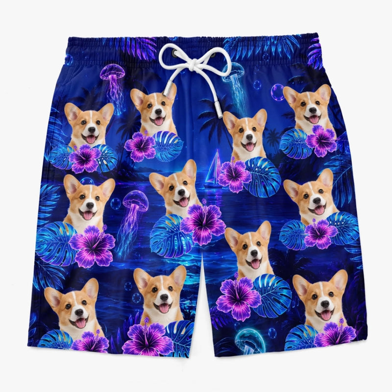 Custom Photo Tropical Hawaiian Aloha Men Beach Shorts - Personalized Summer Vacation And Travel Gifts For Dog Cat Lovers, Dog Dad And Mom, Cat Owners - Palm Trees And Tiny Paws