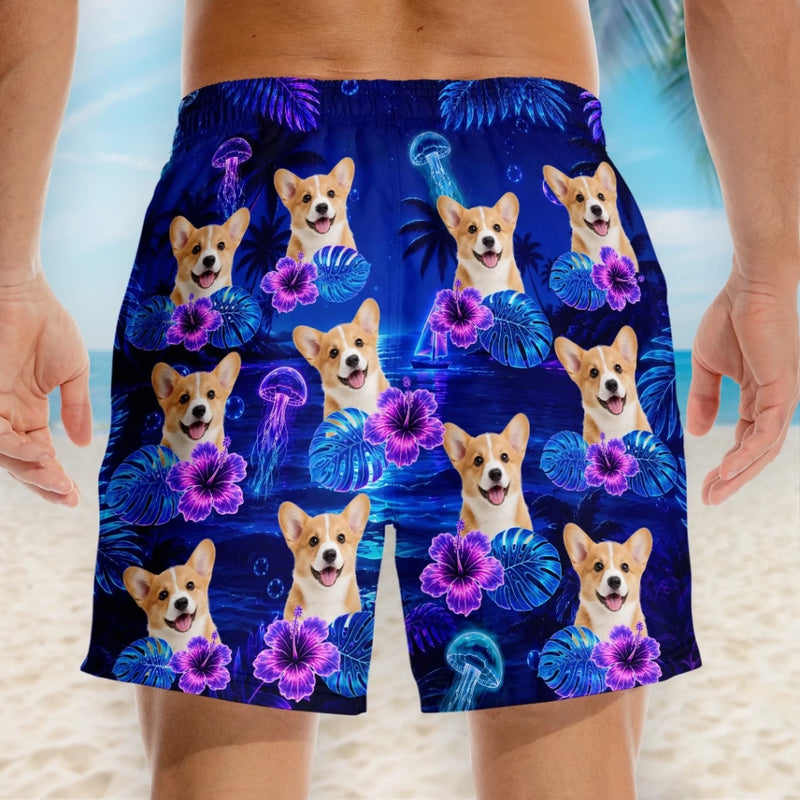 Custom Photo Tropical Hawaiian Aloha Men Beach Shorts - Personalized Summer Vacation And Travel Gifts For Dog Cat Lovers, Dog Dad And Mom, Cat Owners - Palm Trees And Tiny Paws