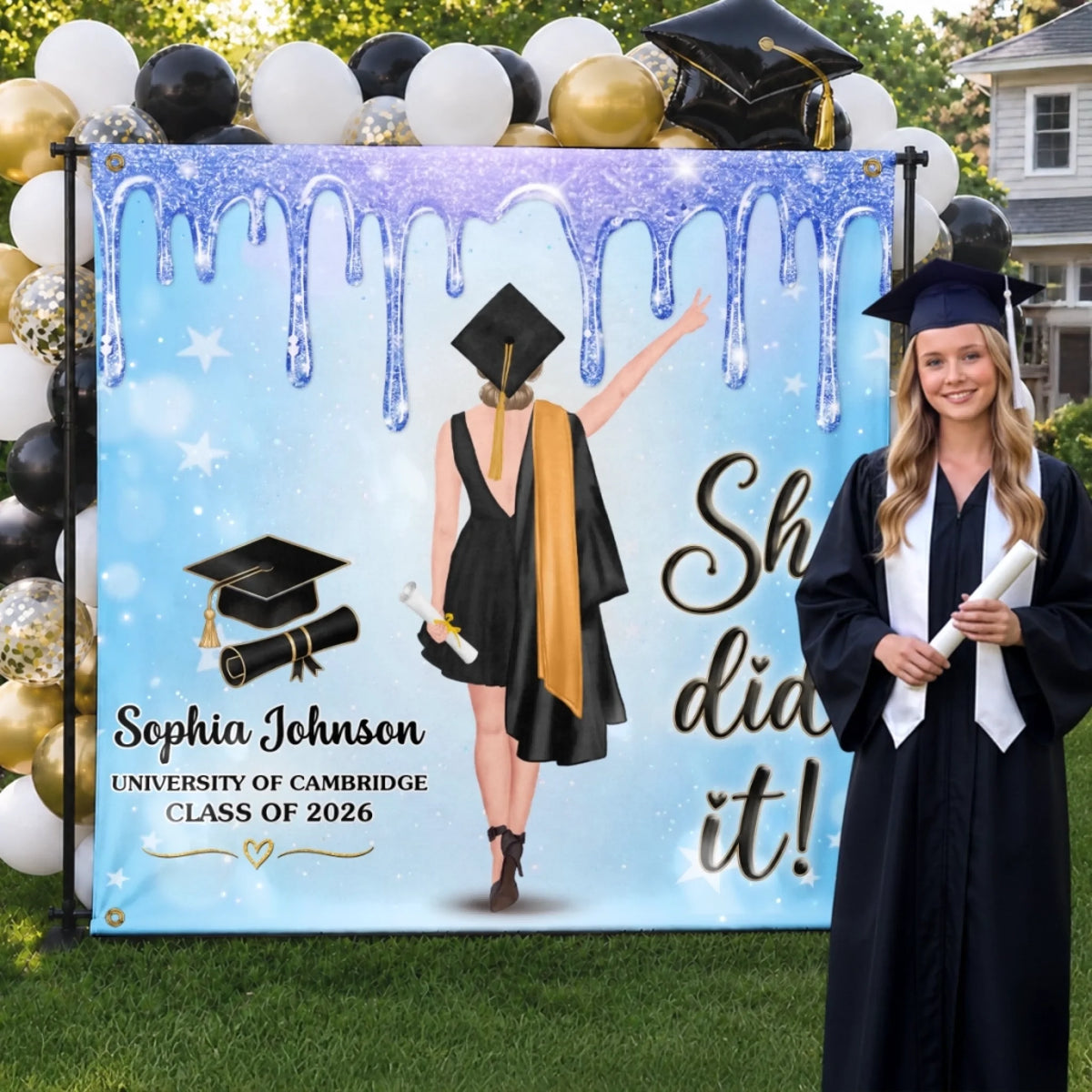 Custom Backdrop - Personalized Graduation Gifts For Him, Her - She Came, She Slayed, She Graduated