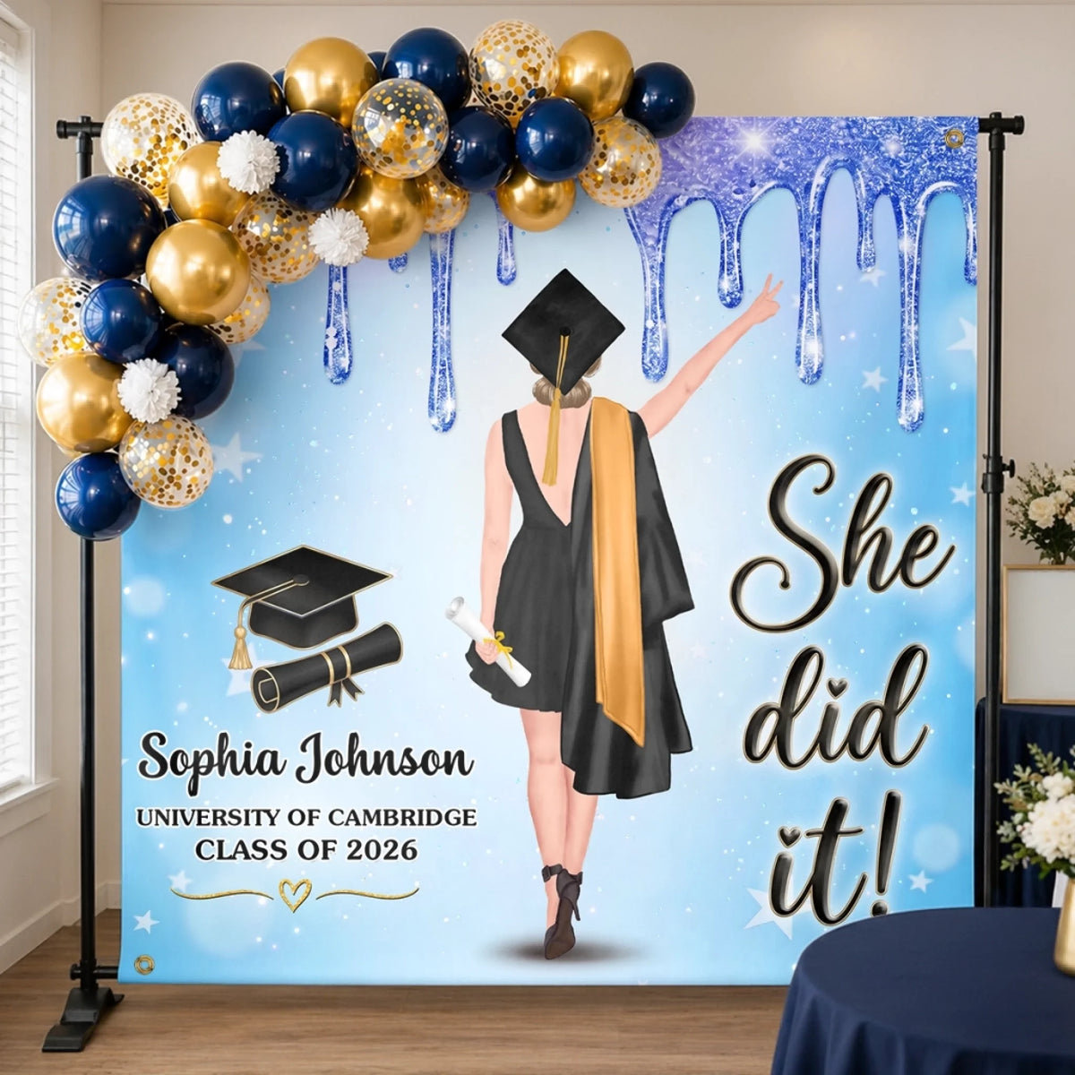 Custom Backdrop - Personalized Graduation Gifts For Him, Her - She Came, She Slayed, She Graduated