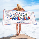 Custom Beach Towel - Personalized America 250th Anniversary, Summer Vacation And Travel Gifts For Family - Stars, Stripes And Tan Lines