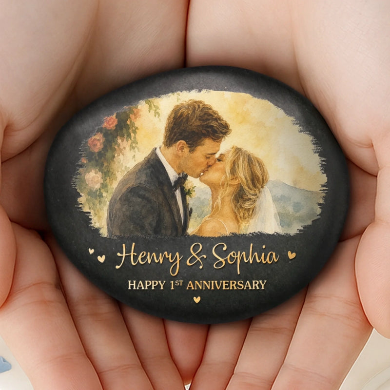 Custom Photo Printed Rock - Personalized Anniversary Wedding Gifts For Husband And Wife, Him And Her - Wedding Kiss, Anniversary Bliss