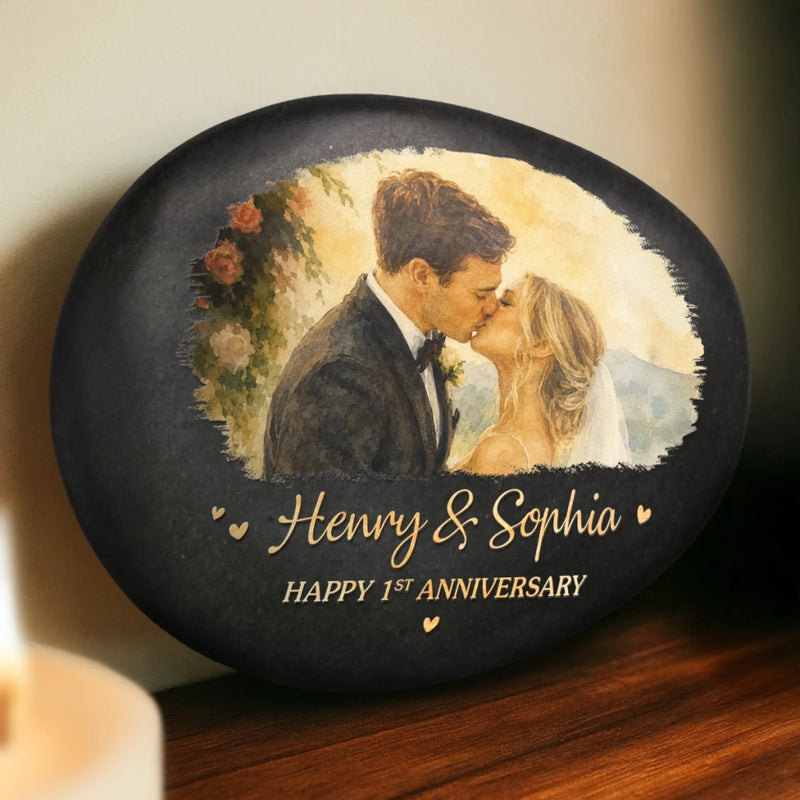 Custom Photo Printed Rock - Personalized Anniversary Wedding Gifts For Husband And Wife, Him And Her - Wedding Kiss, Anniversary Bliss