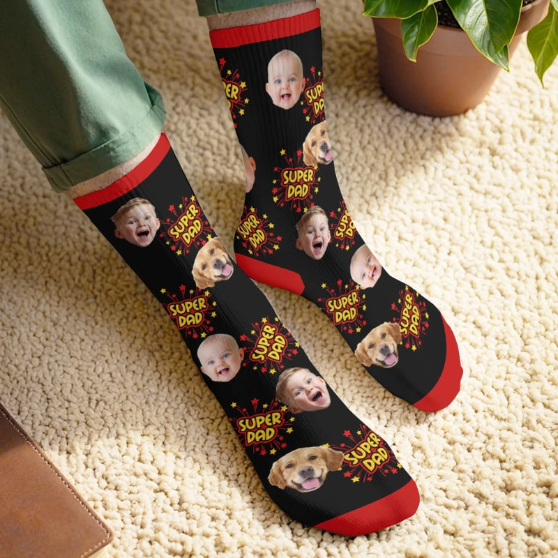Custom Photo Middle Tube Socks - Personalized  Father's Day Birthday Gifts For Dad, Grandpa - Super Dad, Super Cool