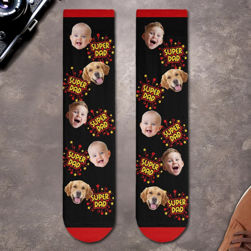 Custom Photo Middle Tube Socks - Personalized  Father's Day Birthday Gifts For Dad, Grandpa - Super Dad, Super Cool