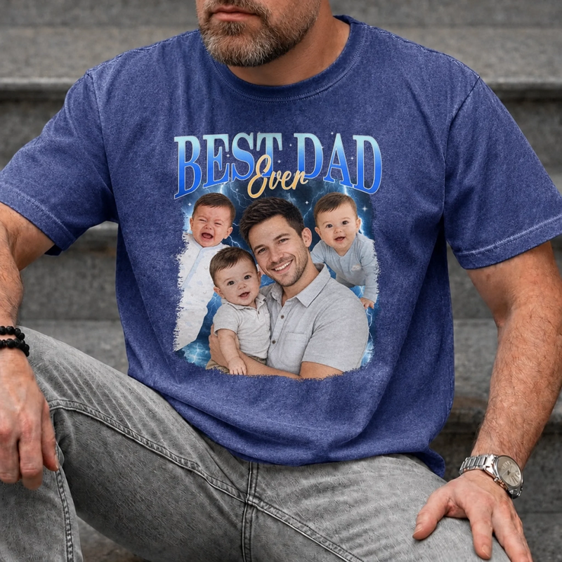 Custom Photo Washed Cotton T-shirt - Personalized Father's Day Birthday Gifts For Dad, Grandpa - Built Tough Loved Hard