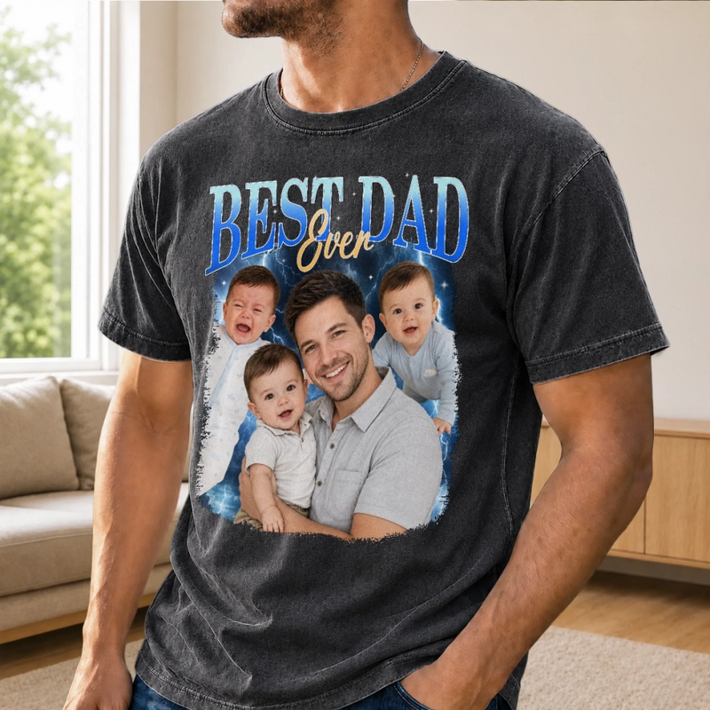 Custom Photo Washed Cotton T-shirt - Personalized Father's Day Birthday Gifts For Dad, Grandpa - Built Tough Loved Hard