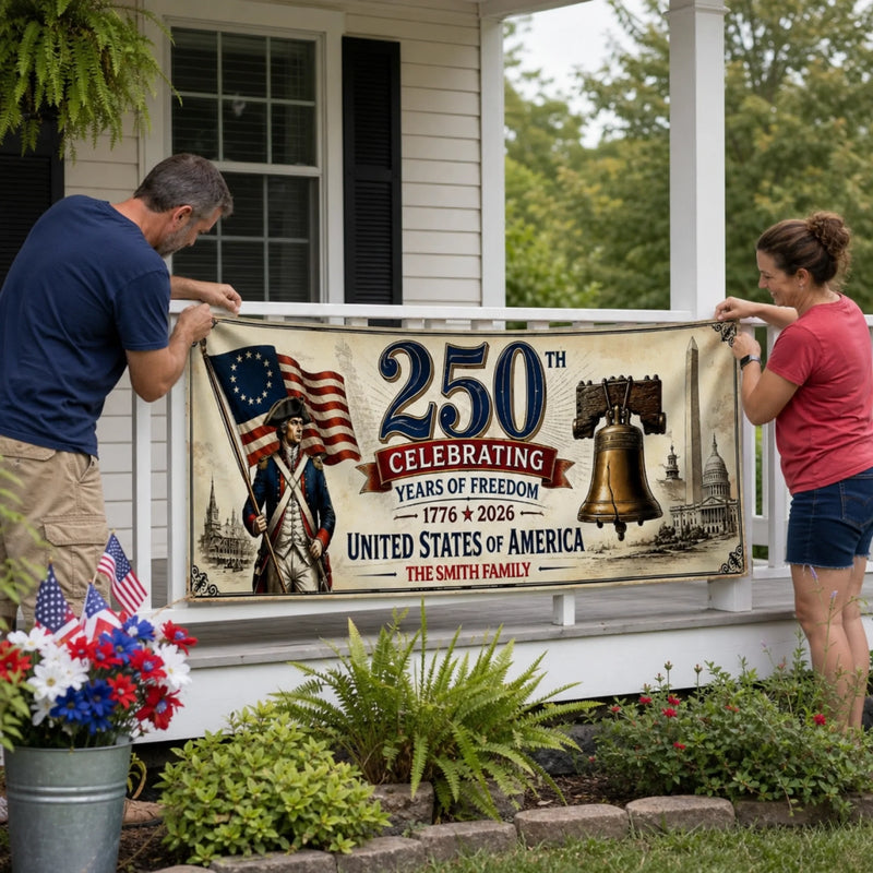 Custom Polyester Outdoor Banner - Personalized America 250th Anniversary Gifts For Mom, Dad, Brother, Sister, Kids - Proud Hearts Since The Beginning