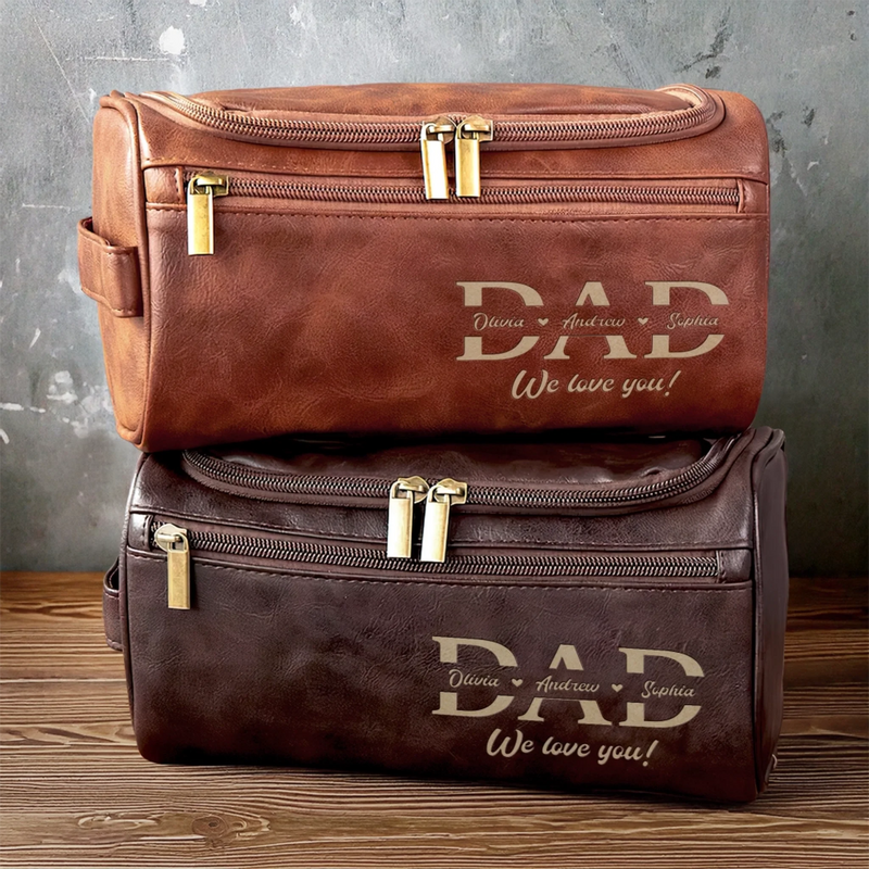 Custom Engraved Leather Toiletry Bag - Personalized Father's Day Birthday Gifts For Dad, Grandpa - Strong Hearts Start With Dad