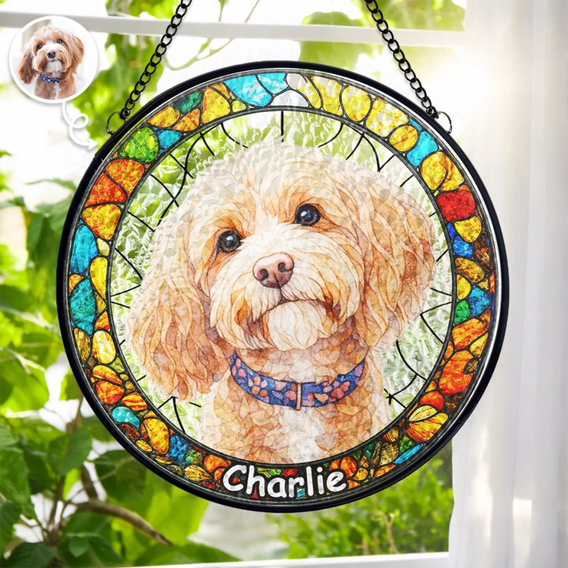 Custom Photo Stained Glass Window Hanging Suncatcher - Personalized Birthday Gifts For Dog Cat Lovers, Dog Dad And Mom, Cat Owners - Puppy Portrait With Rainbow Energy