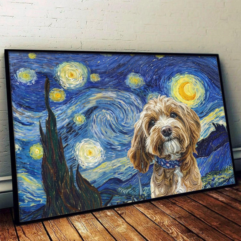 Custom Photo Horizontal Poster - Personalized Birthday Gifts For Dog Cat Lovers, Dog Dad And Mom, Cat Owners - Starry Night, Puppy Spotlight