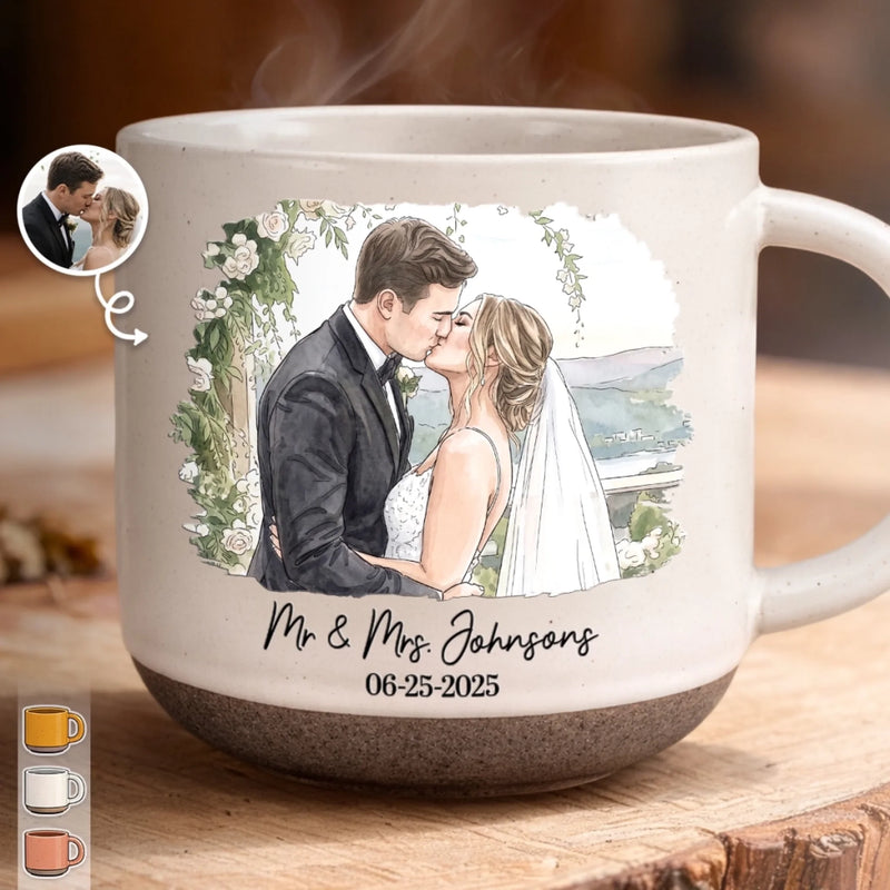 Custom Photo Printed Pottery Mug - Personalized Anniversary Wedding Gifts For Husband And Wife, Him And Her - First Kiss, Forever Sips