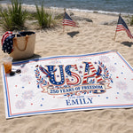 Custom Beach Towel - Personalized America 250th Anniversary, Summer Vacation And Travel Gifts For Family - Stars, Stripes And Tan Lines