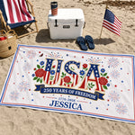 Custom Beach Towel - Personalized America 250th Anniversary, Summer Vacation And Travel Gifts For Family - Stars, Stripes And Tan Lines