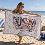 Custom Beach Towel - Personalized America 250th Anniversary, Summer Vacation And Travel Gifts For Family - Stars, Stripes And Tan Lines