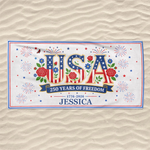 Custom Beach Towel - Personalized America 250th Anniversary, Summer Vacation And Travel Gifts For Family - Stars, Stripes And Tan Lines