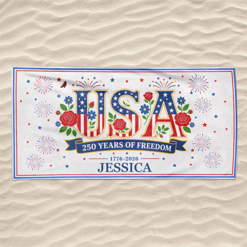 Custom Beach Towel - Personalized America 250th Anniversary, Summer Vacation And Travel Gifts For Mom, Dad, Brother, Sister, Kids - Stars, Stripes And Tan Lines