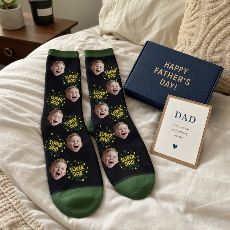 Custom Photo Middle Tube Socks - Personalized  Father's Day Birthday Gifts For Dad, Grandpa - Super Dad, Super Cool