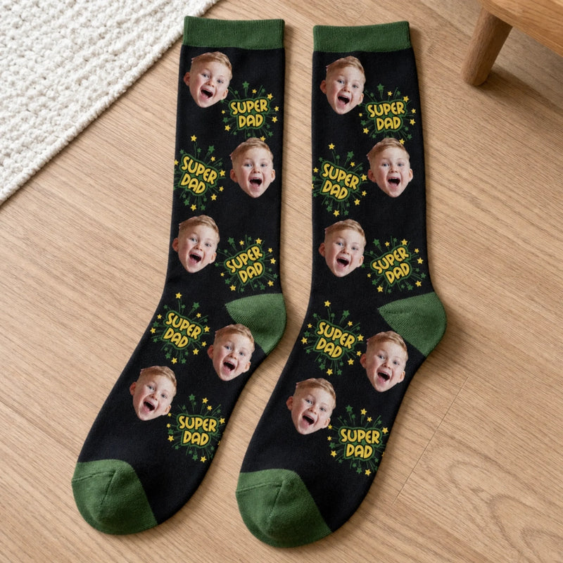 Custom Photo Middle Tube Socks - Personalized  Father's Day Birthday Gifts For Dad, Grandpa - Super Dad, Super Cool