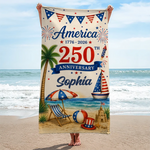 Custom Beach Towel - Personalized America 250th Anniversary, Summer Vacation And Travel Gifts For Mom, Dad, Brother, Sister, Kids - United By Freedom And Pride