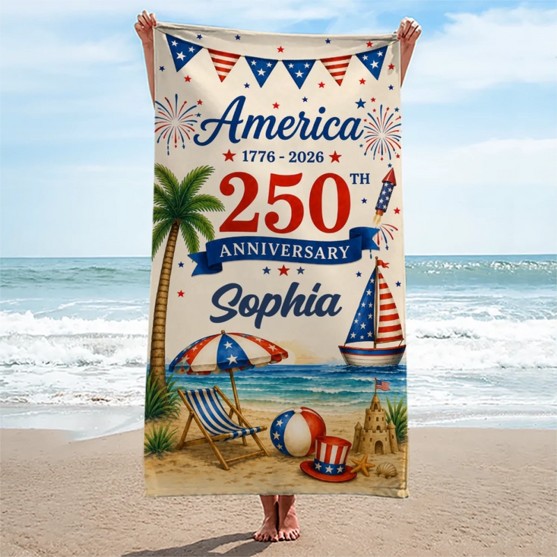 Custom Beach Towel - Personalized America 250th Anniversary, Summer Vacation And Travel Gifts For Mom, Dad, Brother, Sister, Kids - United By Freedom And Pride
