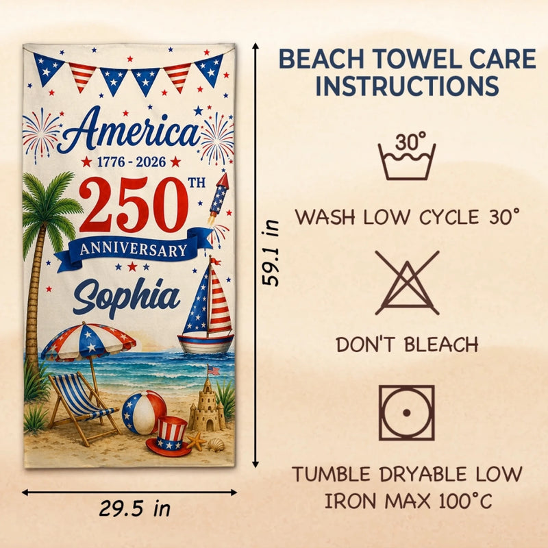 Custom Beach Towel - Personalized America 250th Anniversary, Summer Vacation And Travel Gifts For Mom, Dad, Brother, Sister, Kids - United By Freedom And Pride