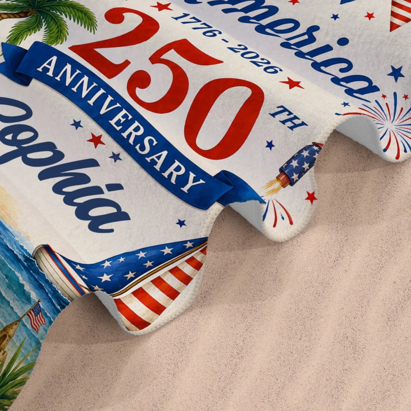 Custom Beach Towel - Personalized America 250th Anniversary, Summer Vacation And Travel Gifts For Mom, Dad, Brother, Sister, Kids - United By Freedom And Pride