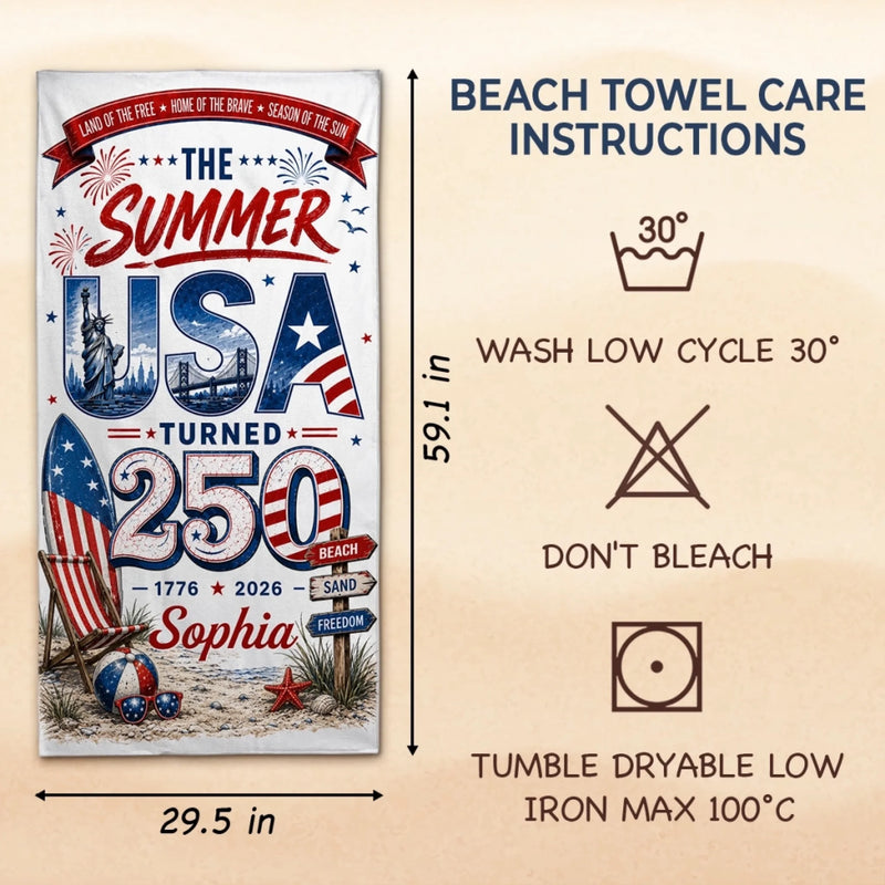Custom Beach Towel - Personalized America 250th Anniversary, Summer Vacation And Travel Gifts For Mom, Dad, Brother, Sister, Kids - Celebrating 250 Years Strong